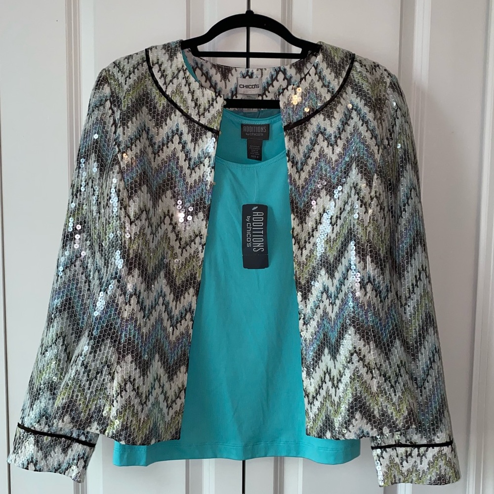 NWT Chico's Exclusive Set Chevron Sequin Blazer Jacket with Turquoise Blue Tank